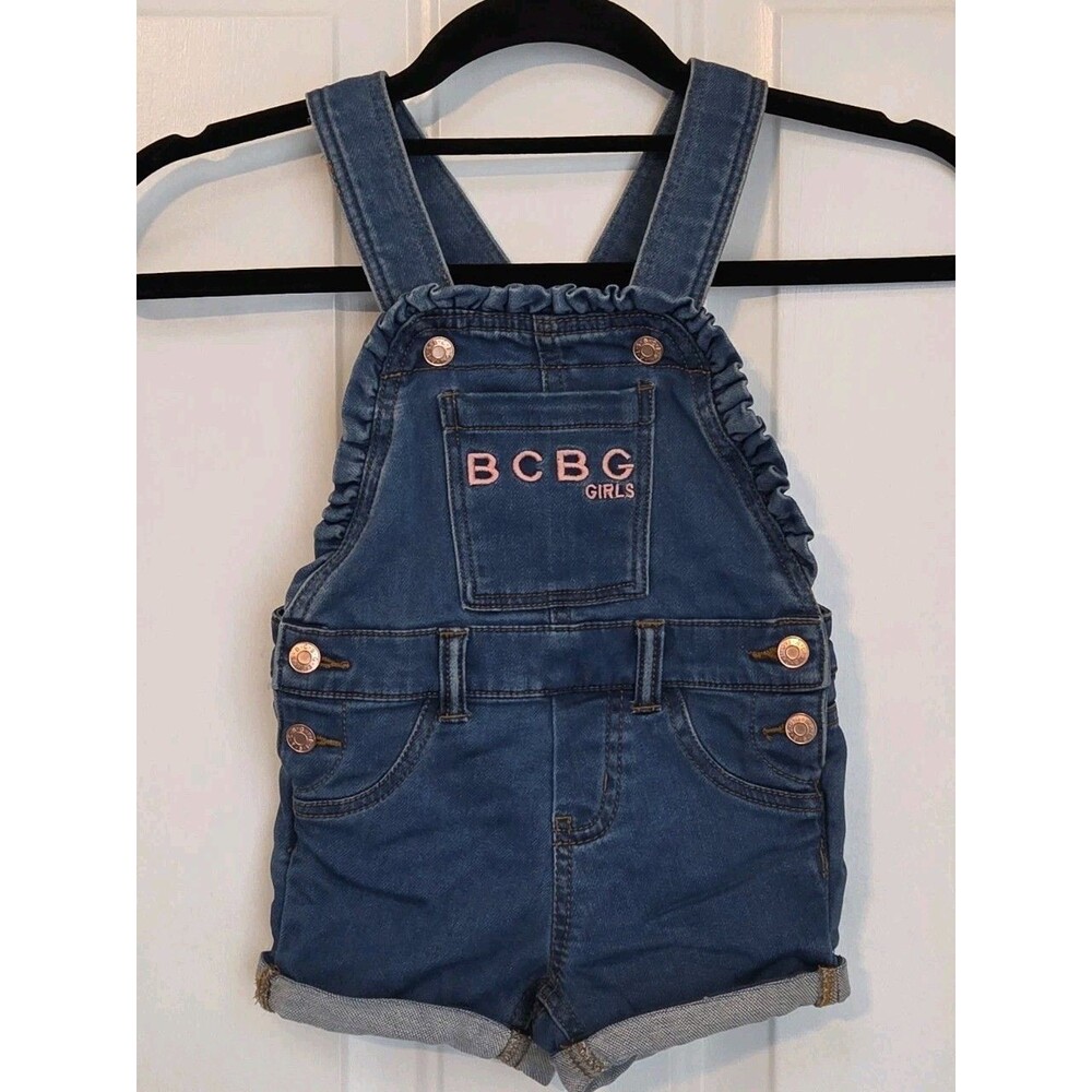 BCBG Girl's Overall Shorts - Size 3T  Denim w/ Pink logo embroidery